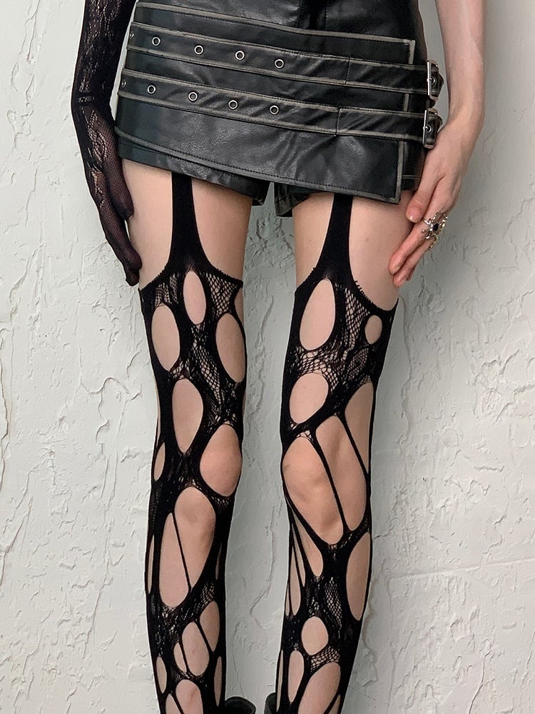 Black/Wine Red Y2K Asymmetrical Design Cut-out Details Suspender Stockings