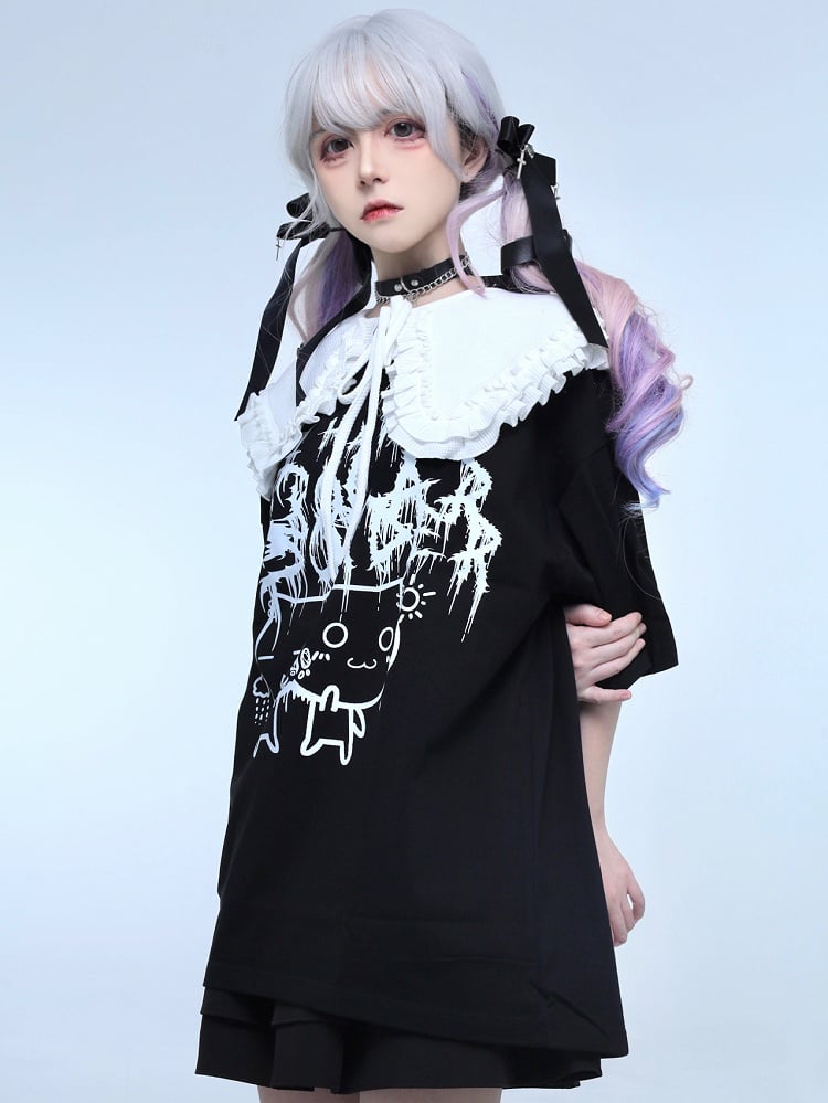 Black Jirai Kei Cat And Letter Print T-shirt