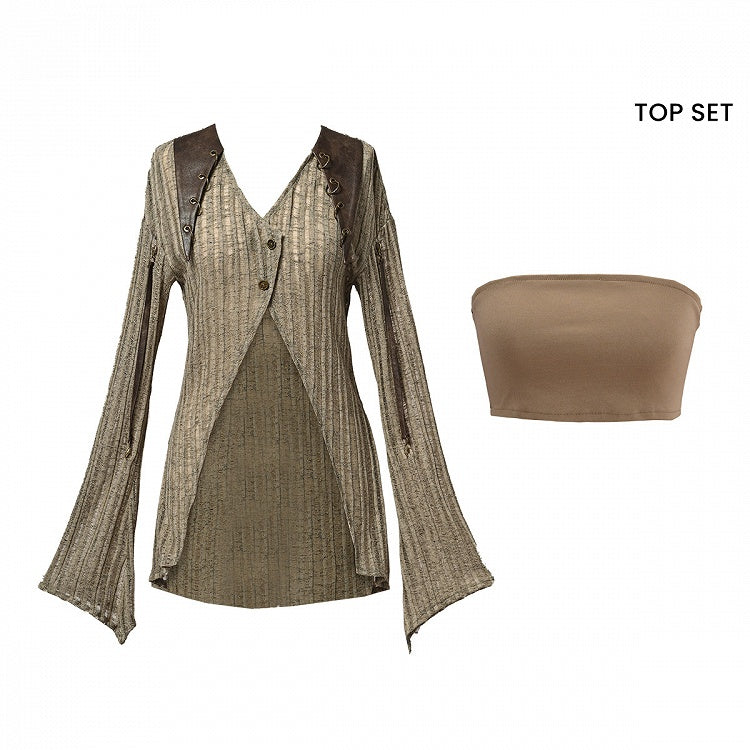 Light Coffee V-neck Wasteland Punk Slim Fit Knit Top