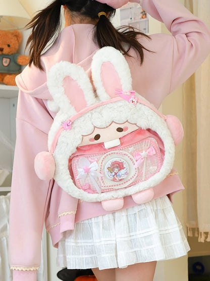 White And Pink Cute Rabbit-shaped Plush Ita Bag Backpack