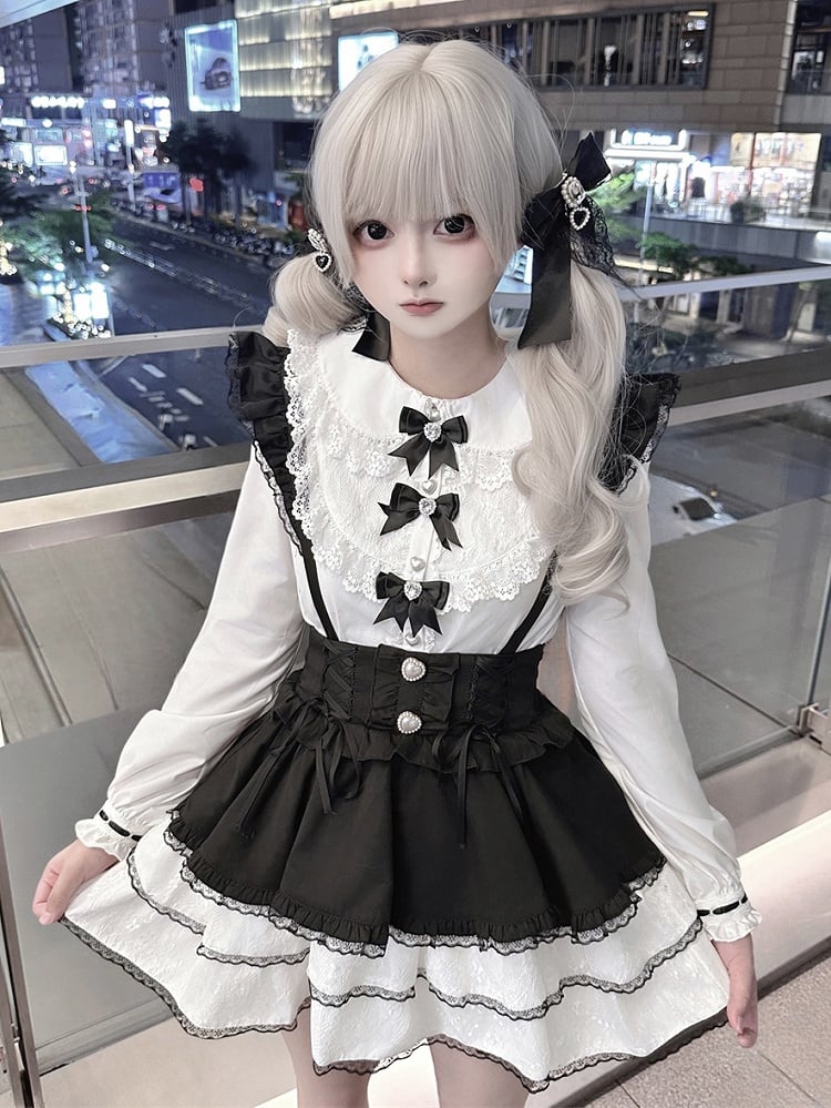 Jirai Kei Black and White Flutter Sleeves Lace-up Details Overalls Tiered Skirt