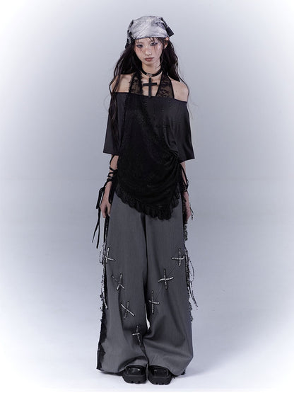 Dark Gray Lace Patches Side Casual Pants with Lace-up Details