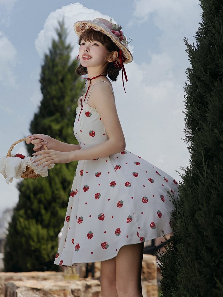 Summer Strawberry and Polka Dots Print Sun Dress White Sweet Lolita JSK