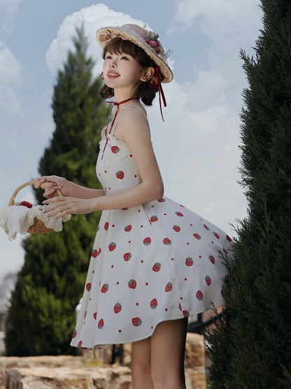 Summer Strawberry and Polka Dots Print Sun Dress White Sweet Lolita JSK