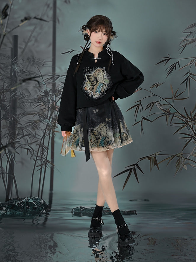 Cheongsam Style Butterfly Print Black Horse-Face Pleated Skirt Long/Short Version