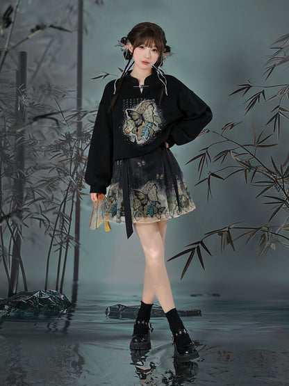 Cheongsam Style Butterfly Print Black Horse-Face Pleated Skirt Long/Short Version