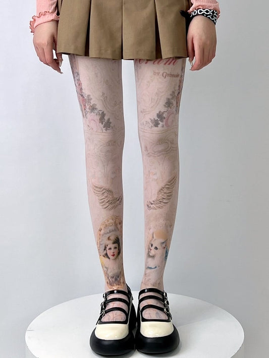 Nude Cartoon Girl And Cat Print Tights