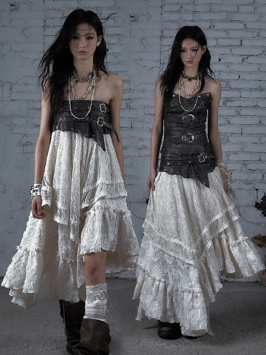 White Wasteland Punk Star Studs PU Waistline Asymmetrical Flounce Hem Skirt