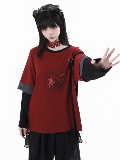 Red and Black Cheongsam Style Graphic Top with Detachable Sleeves
