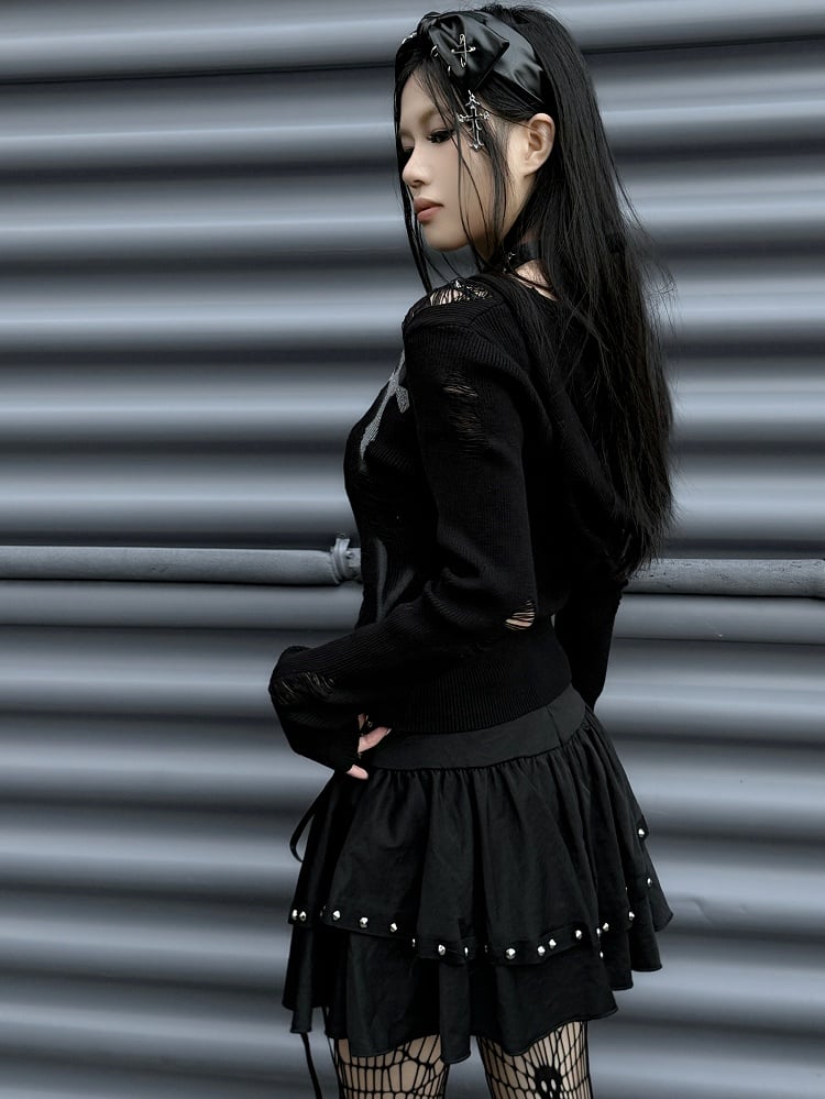 Gothic Punk Black Cross Applique Stud Accents Lace-up Detail Skirt