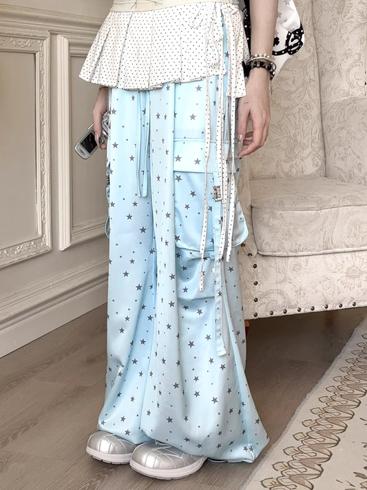 Allover Star Print Drawstring Waist Blue Wide-leg Cargo Pants