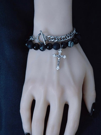 Silver&Black Gothic Cross Charm Beaded Bracelet