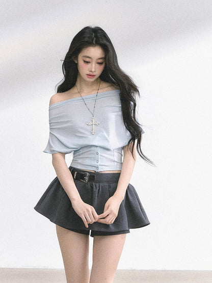 Off-the-shoulder Neckline Gray / Water Blue Slim-fitting T-shirt