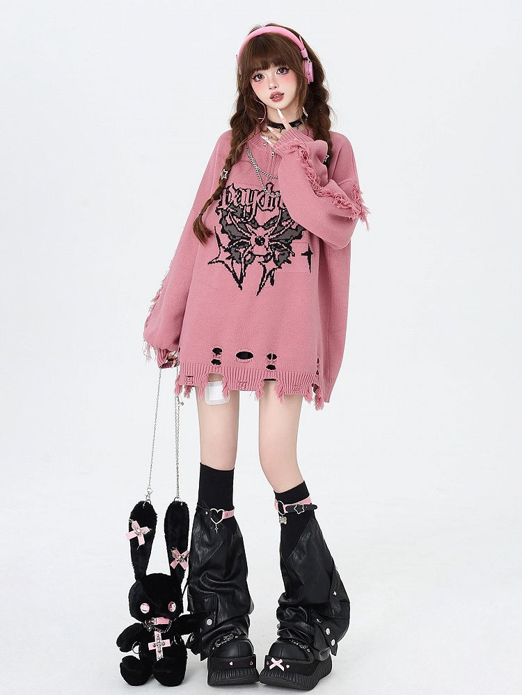 Rose Pink Gothic Distressed Holes Butterfly Sweater with Studs and Chains