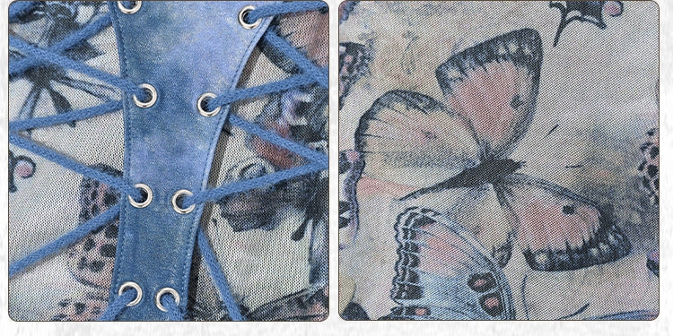 Grunge Punk Rock Fairycore Blue Butterflies Print Mesh Patchwork Halter Neck Top Lace-up Detail