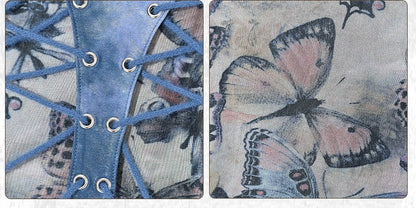 Grunge Punk Rock Fairycore Blue Butterflies Print Mesh Patchwork Halter Neck Top Lace-up Detail