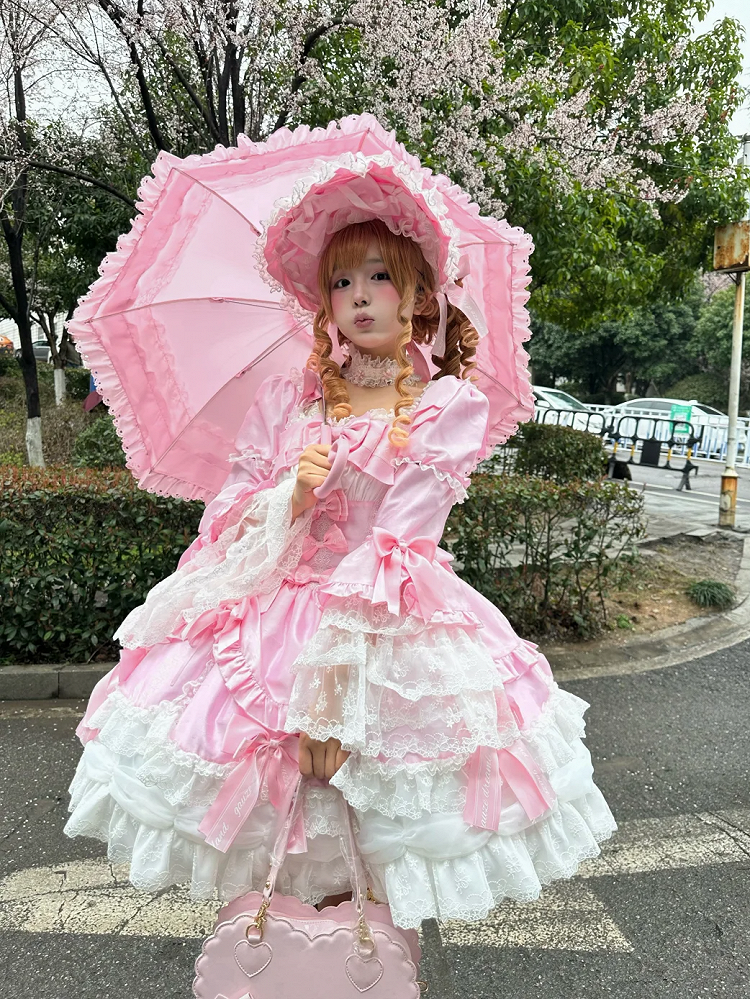 Clearance-Size S for Bust 84-90CM Light Pink Bow Accents Sweet Old School Lolita Princess Dress with Detachable Bell Sleeves