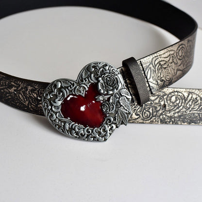 Rose Heart Buckle Goth Black Waist Belt