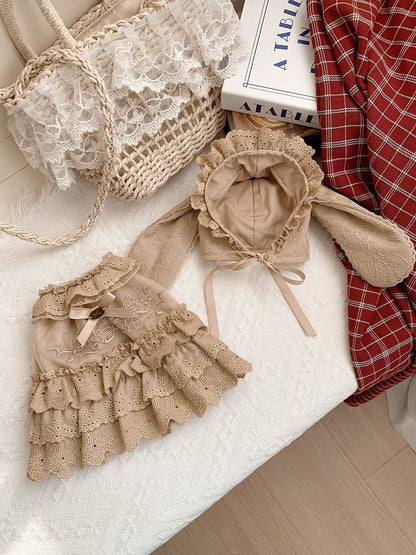Brown Rosette and Bowknot Embroidery Dress + Bunny Ears Hat