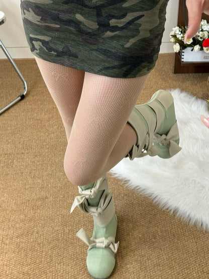 Nude/Black Bowknot Details Tights