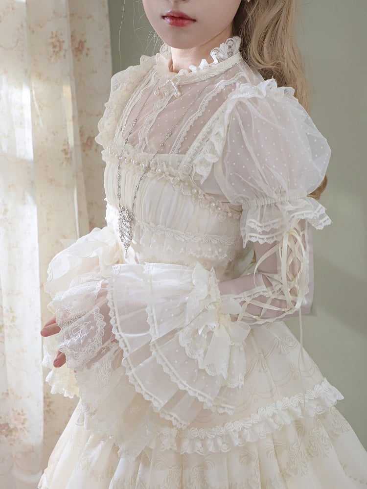 Creamy White Dotted Tulle Puff Sleeves Blouse with Detachable Sleeves