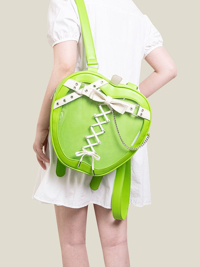 Chic Green Apple-Shaped Ita Backpack With White Belt And Bow Accents