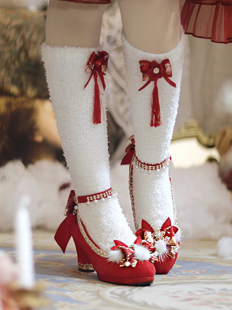 Red Bow Accents Cheongsam Style Lolita Block Heels