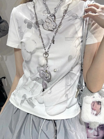 Pink/Silver Y2K Musical Note With Heart Charm Necklace