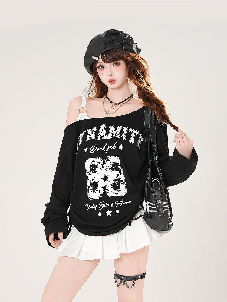 Asymmetrical Neckline Number and Letter Print Drawstring Side White/Black Top