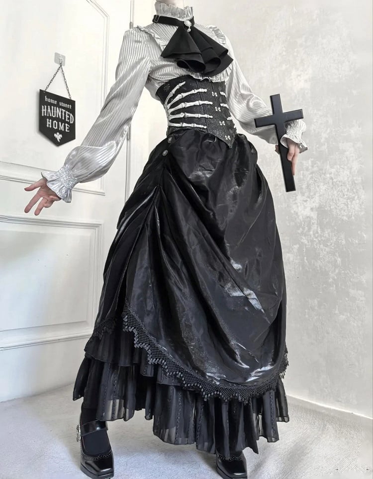 Hand bone Embroidery Black Gothic Lolita Leather Corset Belt