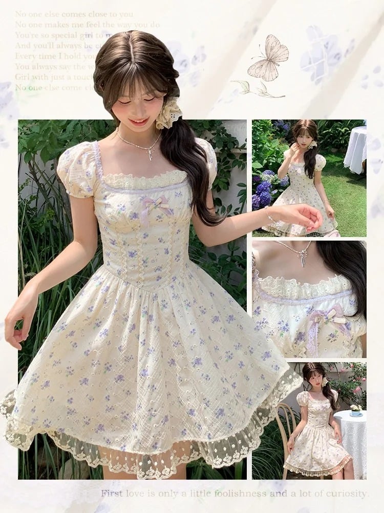 Beige Square Neckline and Short Puff Sleeves Mori Kei Floral Dress