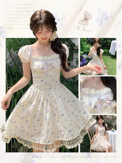 Beige Square Neckline and Short Puff Sleeves Mori Kei Floral Dress