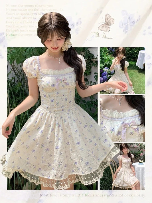 Beige Square Neckline and Short Puff Sleeves Mori Kei Floral Dress