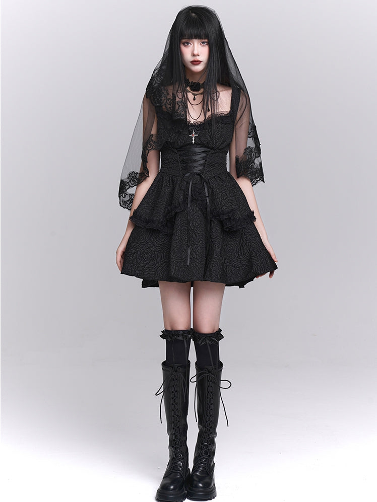 Black Sweetheart Neckline Lace-up Front Tiered Skirt Gothic Sleeveless Dress