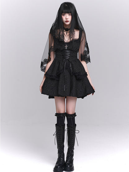 Black Sweetheart Neckline Lace-up Front Tiered Skirt Gothic Sleeveless Dress