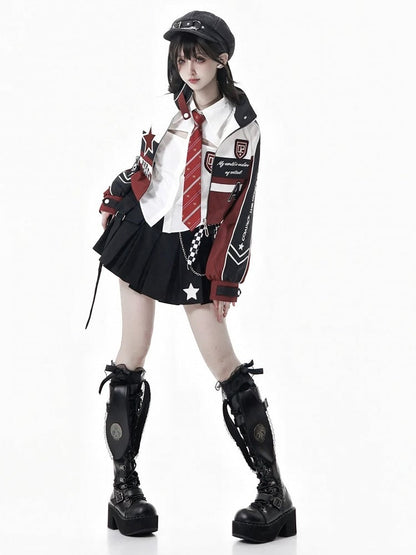 White & Red Moto-Inspired Cropped Zipper Jacket with Embroidered Applique Accents