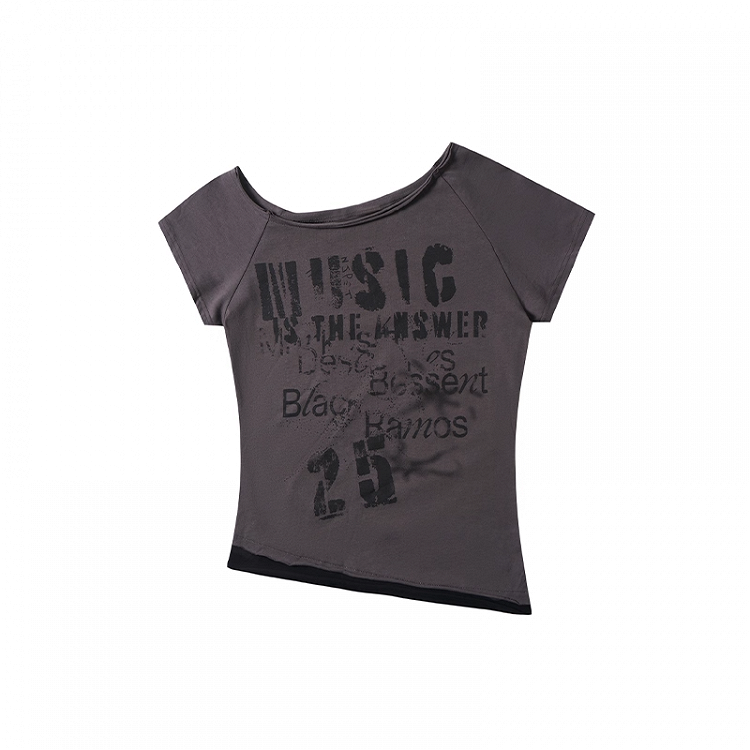Y2K Letter Print White/Gray Asymmetrical Neckline T-shirt