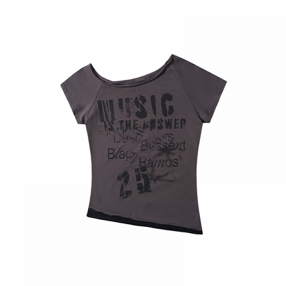 Y2K Letter Print White/Gray Asymmetrical Neckline T-shirt