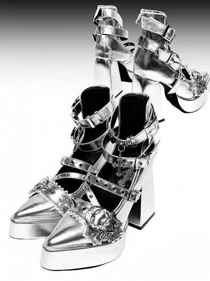 Clearance-Size 40 Gothic Silver Cross Heart Buckle Straps Stud Platform High Block Heels
