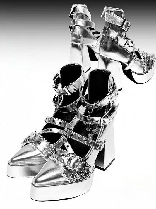 Clearance-Size 40 Gothic Silver Cross Heart Buckle Straps Stud Platform High Block Heels