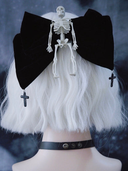 Handmade Skeleton Gothic Black Velvet Big Bow Hairclip with Crosses