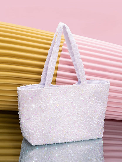 Sparkling White Sequin Tote Bag In Kawaii Style