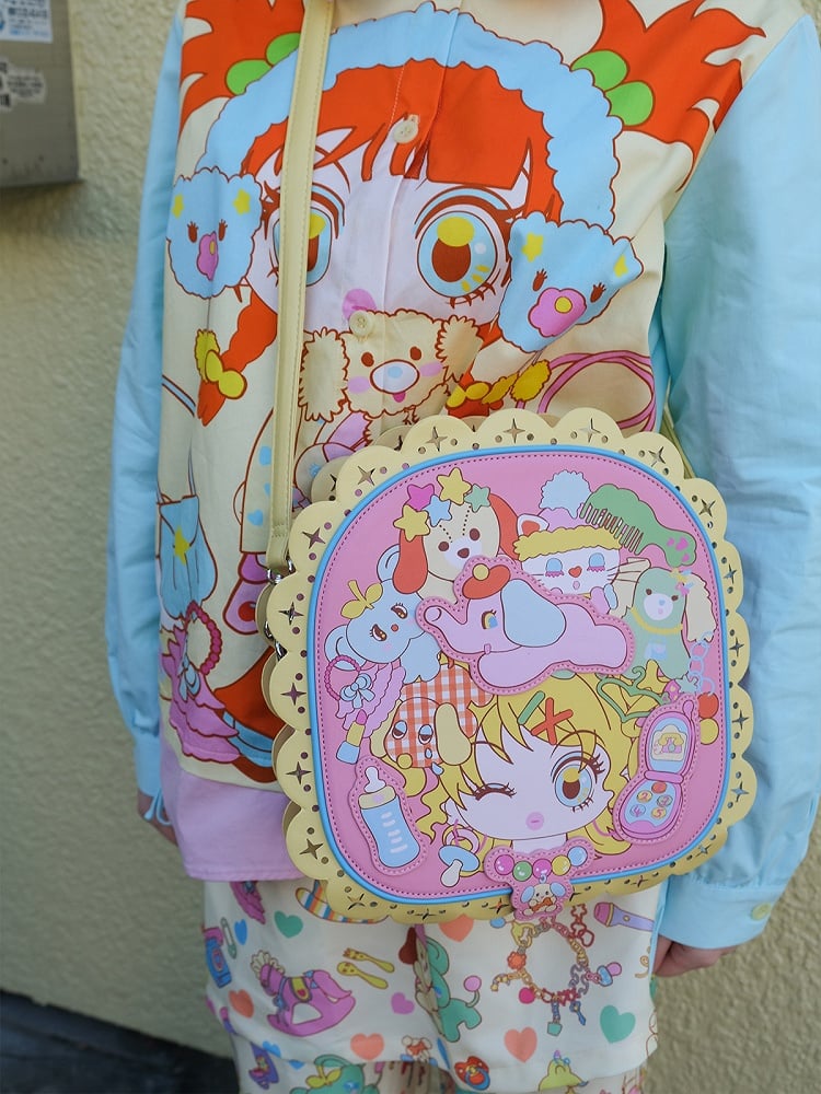 Pink Girl and Animals Print PU Bag