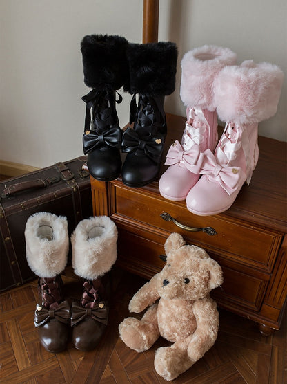 PU Black Sweet Lolita Mid-Calf Boots - Lace-Up Design with Detachable Bow & Plush Cuff