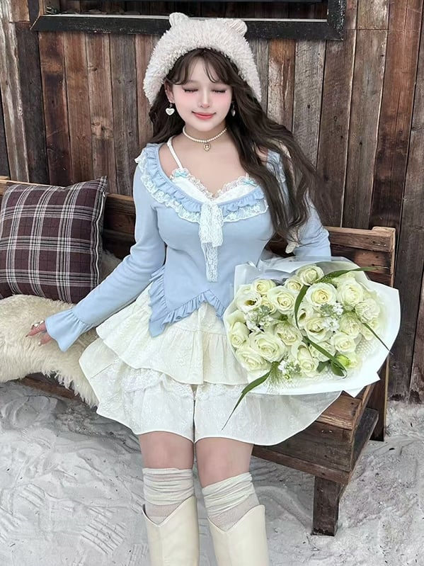 Plus Size White Lace Accents Floral Jacquard Tiered Skirt