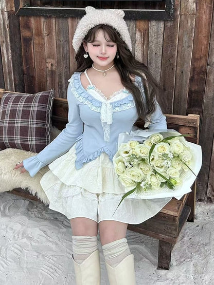 Plus Size Light Blue Fake Two-piece Design Ruffle Trim V-neck Long Sleeves Top