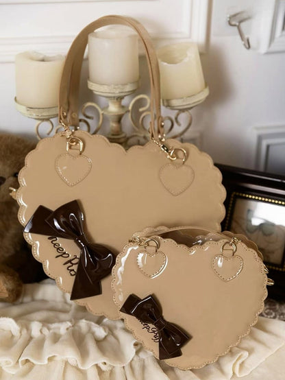 Milk Tea Sweet Lolita 2-Way Bag - Heart Cookie Shape with Bow Accent and Zipper Closure