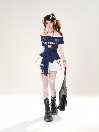 Red/Blue Asymmetrical Neckline Blokette Core T-shirt Self-tie Straps at Waist