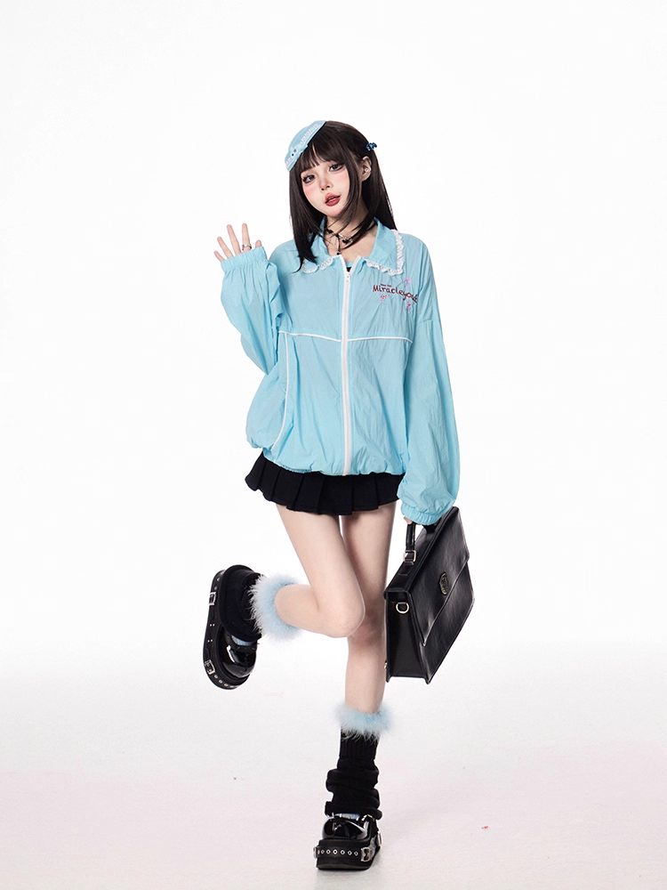 Blue Shirt Collar Elastic Cuffs and Hem Zip-up Jacket