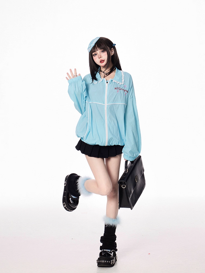 Blue Shirt Collar Elastic Cuffs and Hem Zip-up Jacket